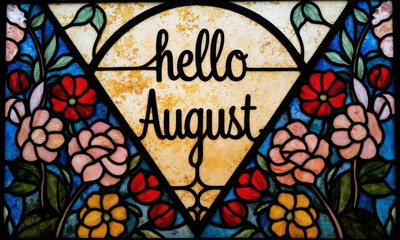 A Close-up of a Beautiful, Hand-Made Piece of Stained Glass with "Hello August" in the Design