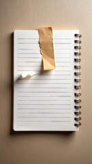 Torn Notebook Paper with Beige Tape on Lined Page in Top View and Beige Background