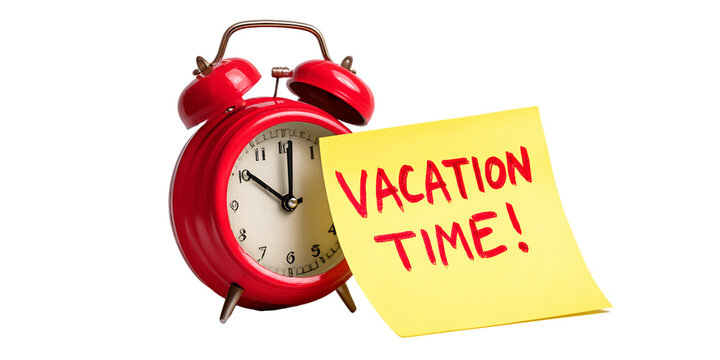 Red Alarm Clock and Yellow Vacation Time Note, PNG