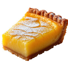 A delicious slice of lemon tart with a golden crust dusted with powdered sugar isolated on transparent background