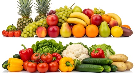 Abundant assortment of fresh fruits and vibrant vegetables on white background