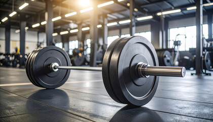 Loaded Barbell in Modern Gym.