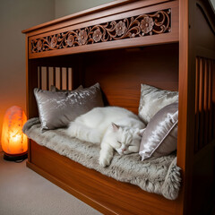 Luxury Wooden Cat Bed with Plush Cushion - Elegant Pet Furniture for Ultimate Comfort