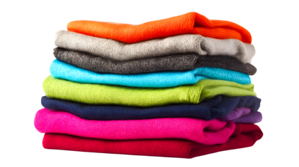 Stack of colorful folded knitwear clothing apparel items isolated on transparent background