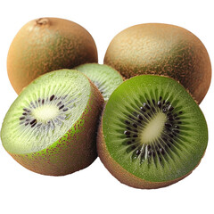 Fresh ripe kiwi fruits whole and sliced showing green flesh and black seeds isolated on transparent background