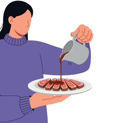 Dark Haired Woman Pouring Brown Sauce Over Sliced Meat on White Plate