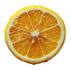 Close up view of a juicy ripe lemon slice with visible pulp and water droplets isolated on transparent background
