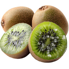 Fresh ripe kiwi fruit halved and whole showing green flesh and black seeds isolated on transparent background