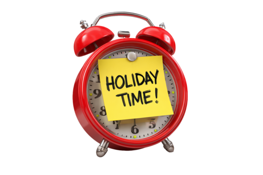Red Alarm Clock with Holiday Time Sticky Note, PNG