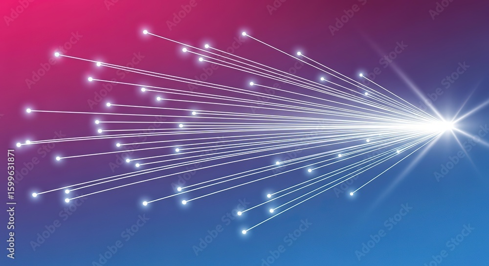 Poster abstract burst of glowing white light trails emanating from a bright source against a gradient backg