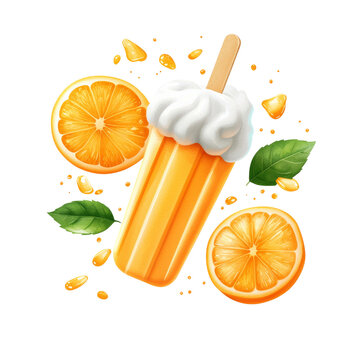 Refreshing orange milkshake with slices and leaves