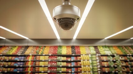 Security camera surveys colorful produce aisle in a brightly lit supermarket