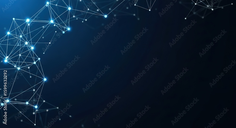 Poster abstract glowing network of interconnected nodes and lines on a dark blue digital background represe