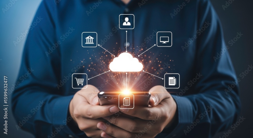 Poster person holding smartphone with cloud computing and various icons floating above the device screen