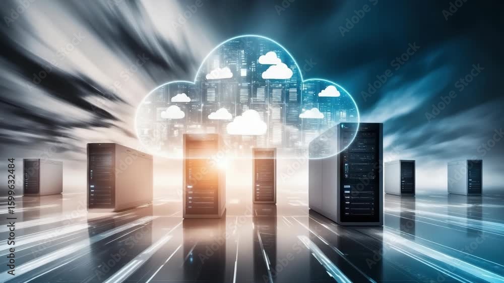 Poster cloud computing concept with server racks and cloud data, technology, network. futuristic technology