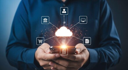 Person holding smartphone with cloud computing and various icons floating above the device screen