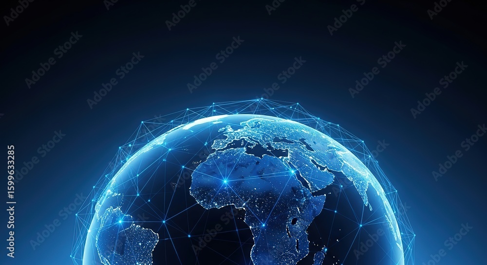 Poster glowing digital earth with connected data streams and light trails against a dark cosmic background