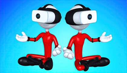 Two 3D Figures Wearing VR Headsets in Red Outfits and White Gloves on a Blue Gradient Background
