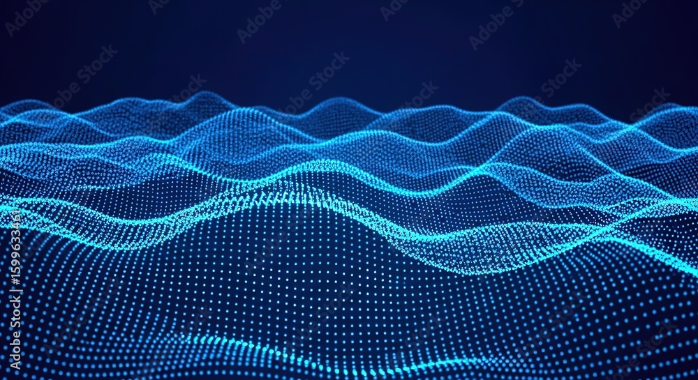 Poster abstract blue digital waveform grid with glowing particles creating a futuristic and dynamic landsca