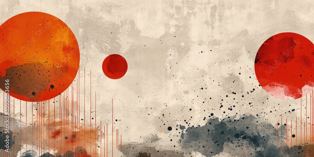 Poster abstract wavy lines and red circle on textured beige background. background image of sunset with red
