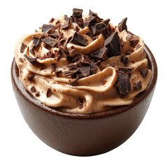 Delicious creamy chocolate mousse dessert topped with dark chocolate shavings in a dark bowl isolated on transparent background