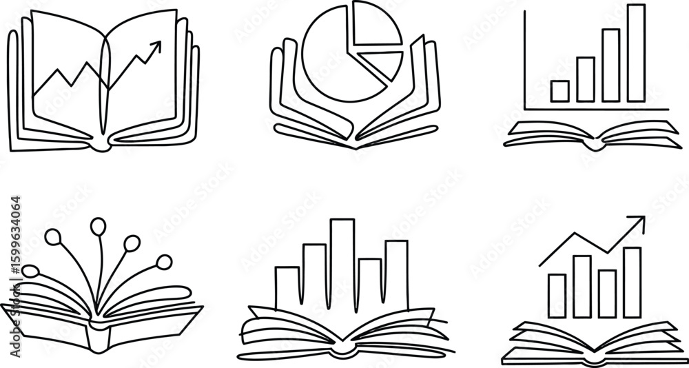 Poster black line art books with charts and graphs on white background