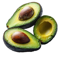 Fresh ripe avocado halves with large brown seed showing creamy green flesh isolated on transparent background