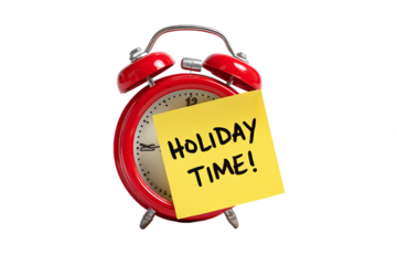 Red Alarm Clock with Holiday Time Sticky Note, PNG