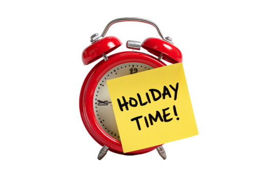 Red Alarm Clock with Holiday Time Sticky Note, PNG