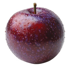 A single ripe plum with water droplets glistening on its smooth skin showcasing its deep purple hue and healthy freshness isolated on transparent background