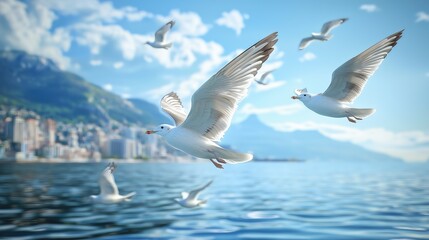 Fototapeta premium Seagulls Flying Over Coastal City Scene, for Travel Promotion, Ecological Popularization, Urban Scenery Material