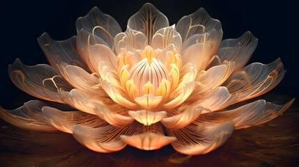 Elegant glowing lotus flower with translucent petals on dark background