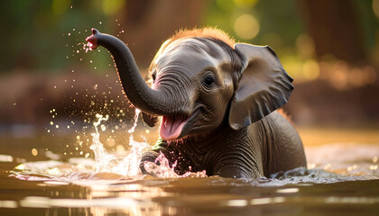 Playful Baby Elephant in Water.