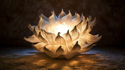 Elegant lotus lamp illuminated in a dimly lit room creating an inviting ambiance
