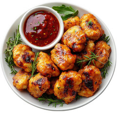 Delicious golden brown crispy fried chicken bites served with a side of sweet chili dipping sauce in a white bowl garnished with fresh herbs isolated on transparent background
