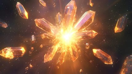Energetic crystal formation, vibrant cluster against a dark cosmic backdrop, emanating light