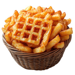 A delicious basket filled with crispy golden waffle fries and thick cut french fries perfect for a fast food snack or side dish isolated on transparent background