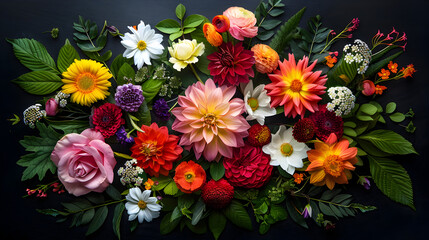 Floral composition featuring vibrant blooms and lush greenery on a dark background