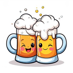 Two Clinking Beer Mugs Overflowing With White Foam Against Seamless Background