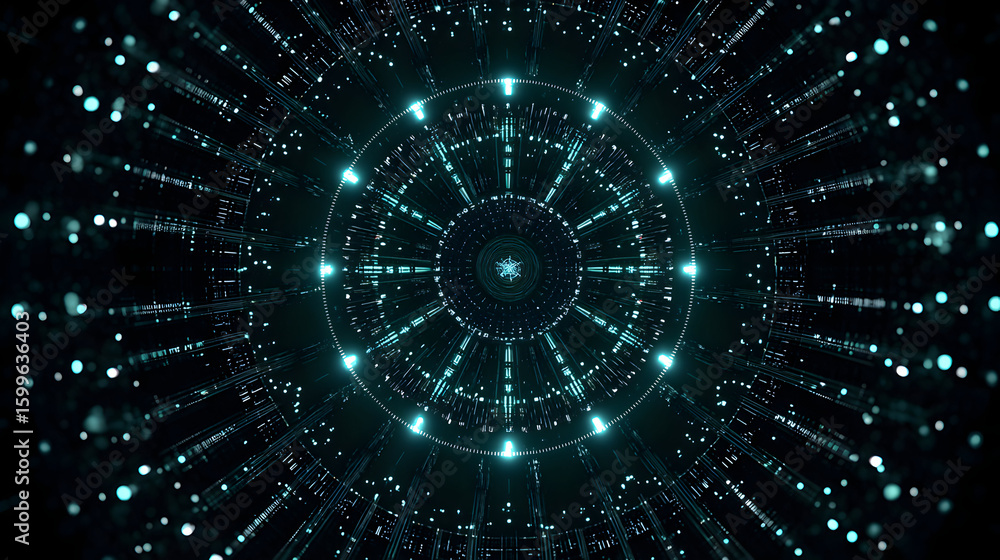 Poster futuristic abstract background with circular blue light design and data stream