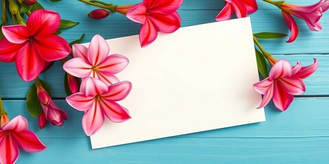 Obraz premium Blank white card, vibrant alstroemeria blossoms, serene blue wood background, overhead shot, alstroemeria