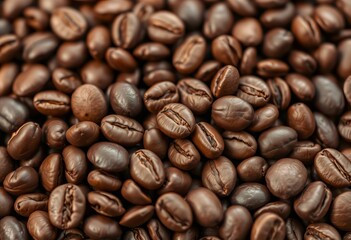 Fototapeta premium Close-up of roasted coffee beans, rich brown hues, uneven surface texture, drink, backdrop
