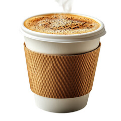 A steaming hot cup of coffee with frothy foam and a textured brown sleeve presented as an isolated object on a transparent background isolated on transparent background