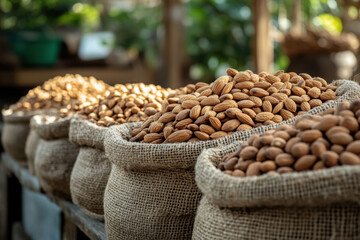 Obraz premium Almonds displayed in a basket.