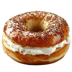 Deliciously toasted everything bagel halved and filled with creamy white cream cheese spread isolated on transparent background