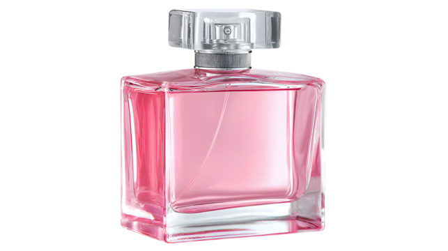Elegant pink perfume bottle with clear cap isolated on transparent background