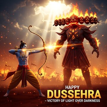 Lord rama defeats the demon king ravana with his bow and arrow during dussehra festival celebration