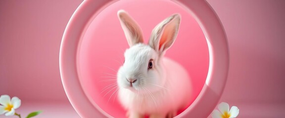 Fluffy white bunny peeking from pink circle, soft spring light, minimalist background, pet, happy
