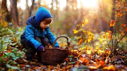 A young child gathers autumn leaves in a forest.