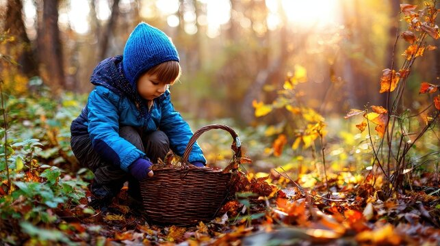 A young child gathers autumn leaves in a forest.